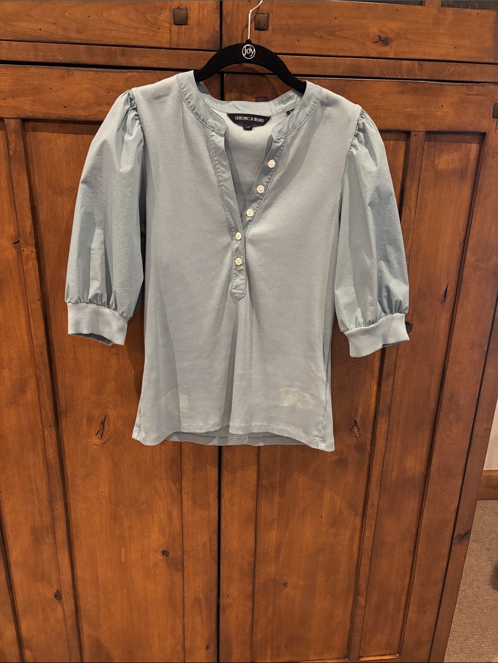 Veronica Beard Women’s Teal Blue Puff-Sleeve Henley Top
